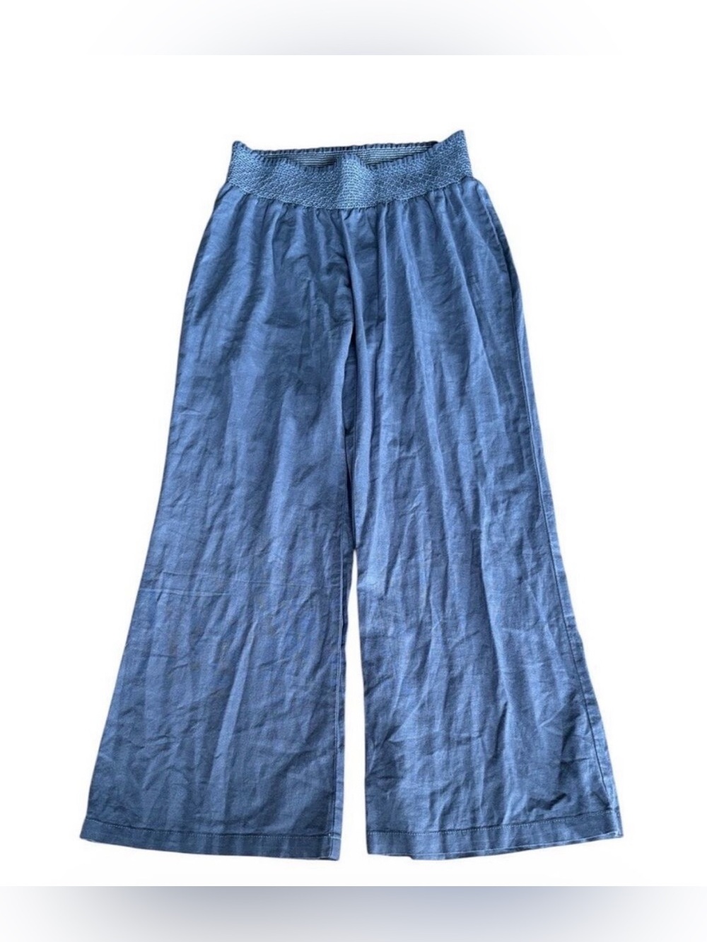 Kiss & Cry Wide Leg Linen Blend Pants XL Blue Smocked Waist Coastal Beach Boho